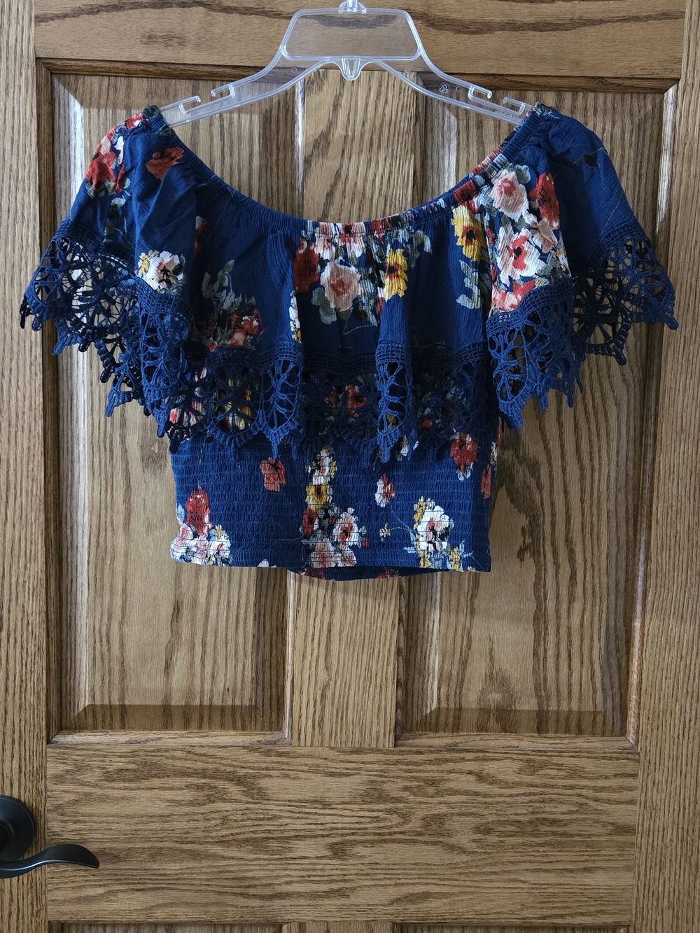 Floral Navy Off-Shoulder Crochet-Trim Crop Top